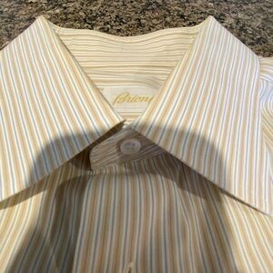Brioni Men’s Cream & Tan Striped Dress Shirt – French Cuffs, Size 17 (42R)